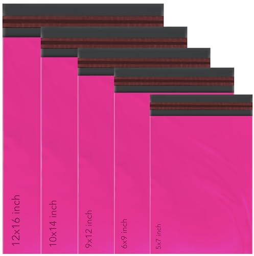 50 Mailing Bag 5 Sizes Hot Pink Mailing Poly Postal Self Seal Bags, iSOUL Small to Large Postage Packaging Assorted Mailers Posting Shipping Post Parcels Package Bags