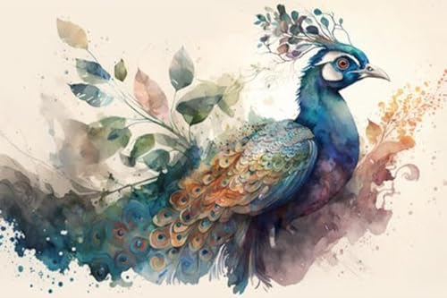 adrium Acryl-Bild 60 x 40 cm: Pfau, ein wunderschöner Vogel mit buntem Schwanz. Aquarellillustration, Generative KI. (198852808)