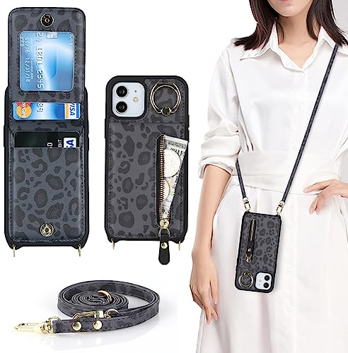 CAVOR Handykette iPhone 12 Mini Hülle Mit Band,Flip Leder Geldborse Handyhülle,[4 Kartenfach][Mit Ring Stander][Schnalle],Klapphülle Handyhülle - Schwarz Leopardenmuster