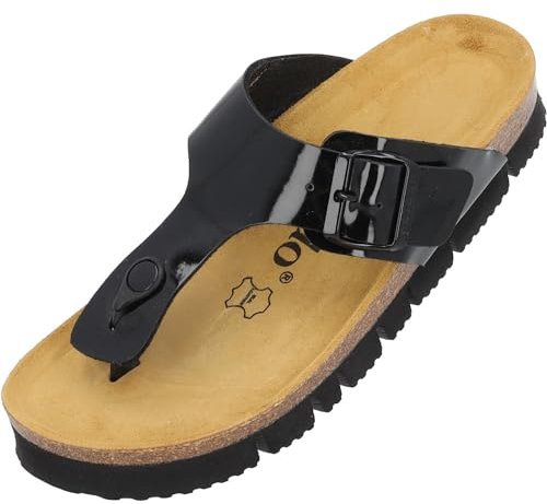 Palado Zehentrenner Damen Kos PL Lack – gefertigt in Spanien – Plateau-EVA-Sohle – glänzende Lackoptik – angenehmes Weichfußbett – Veloursleder-Decksohle Schwarz UK4,5 - EU37