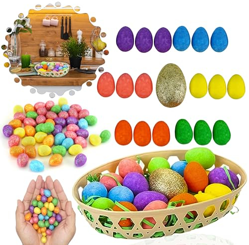 70PCs Easter Hamper Basket Glitter Egg Decorations - Mini Foam Eggs and Colorful Eggs Ornaments for Table Decoration, Crafts Eggs Spring Easter Bonnet Trilby Decor