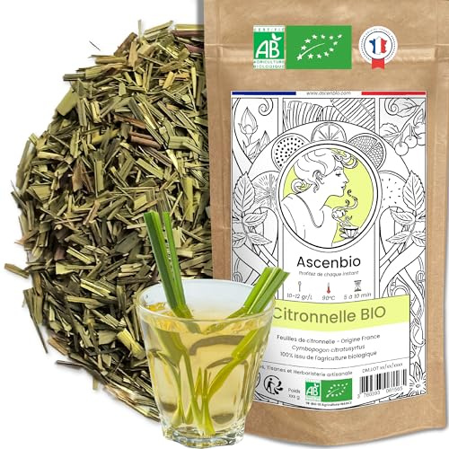 Ascenbio ✿ Litronela seca BIO Lemongrass ✿ 180 g ✿ Té refrescante y relajante ✿ UE 100% Puro ✿ Preparado y envasado en Francia ✿ Embalaje biodegradable