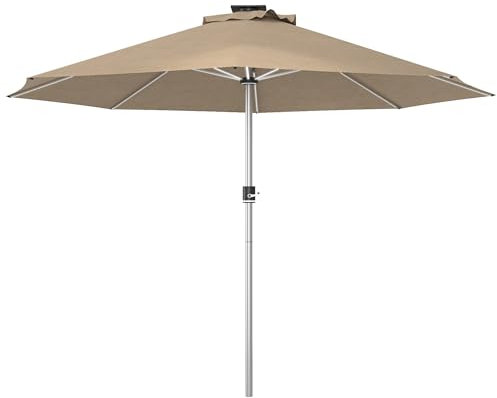 Outsunny 3(m) Solar Powered Garden Parasol with Lights, LED Lighted Deck Umbrella with 48mm Aluminium Pole, Crank, Solar Charged and USB Type-c, for Balcony, Outdoor and Lawn, Khaki