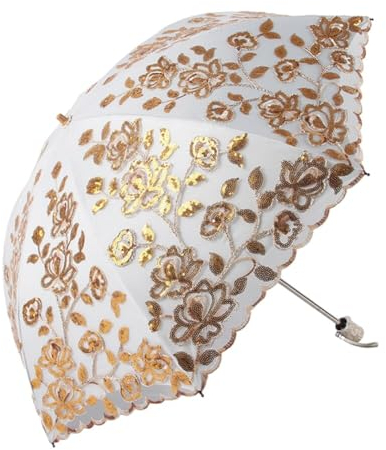 ihreesy Regenschirm Sturmfest mit 8 Rippen, Sonnenschirm Taschenschirme Brautschirm Stickerei Faltschirm doppelstöckig faltbarer Spitzenschirm UV-Schutz Hochzeitsschirm für Braut Damen,Gelb