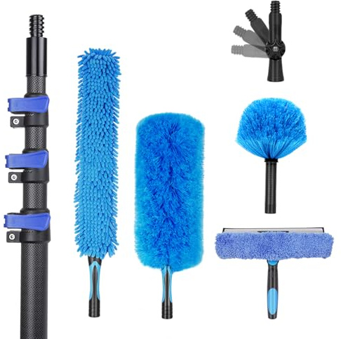 Kit de Plumeau Poussiere 3.65m avec Perche Télescopique Nettoyage en Fibre de Carbone, Tete de Loup pour telescopique pour Plafonds, Meubles, Stores