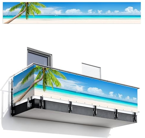 MuchoWow© Balkon Seitensichtschutz Einseitig Groß PVC Terrassen | 75x500 cm - Gartensichtschutz ohne bohren Wetterfest Zaun Schutz Terrasse Balcony Decoration Palme - Strand - Meer