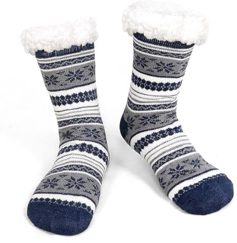 LOFIR Calcetines Térmicos de Invierno para Hombre: Antideslizantes, Pantufla con Forro Polar, Andar por Casa, Regalos Navidad, Azul Marino, 1 Par, 39-46