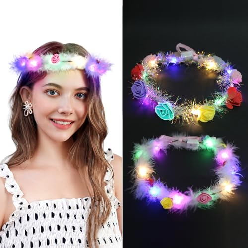 Sprinlot Led-Feder-Stirnbänder, 2er Pack Blumenkranz Haare Led, Leuchtend, Party & Hochzeit Dekoration