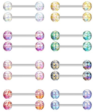 CASSIECA 16Pcs 14G Zungenpiercing Chirurgenstahl Brustwarzenpiercing 16mm Kunststoff Mehrfarbig Edelstahl Nippel Piercing Barbell für Damen