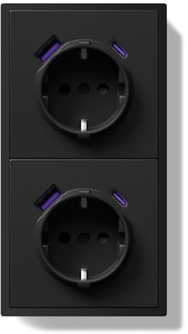 BSEED Schuko Doppelsteckdose Unterputz mit USB C 20W, Wandsteckdose 16Amp mit PC Rahmen, Zweifach Steckdose mit Krallen, 2 Fach Schwarz