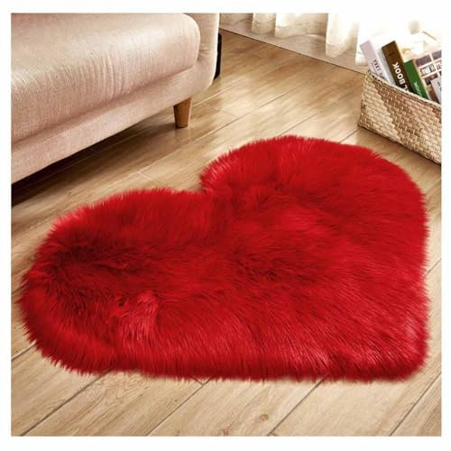 Luxuriöser flauschiger Fellteppich in Herzform für Wohnzimmer, weich, zottelig, Lammfell, Schaffell, Kissen, Kunstfell, Stuhlmatte, Tannenbaum-Design, 70 x 90 cm, Rot