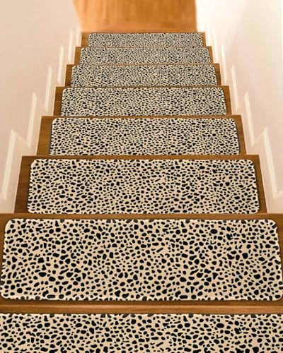 Leopard Textured Stair Treads for Wooden Steps Indoor, 10 Pack Non Slip Carpet Stair Treads for Kids Elders and Dogs with Reusable Adhesive, 8x30 inch Step Mats Modern Animals Printed Black Brown