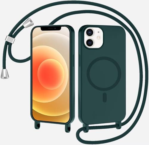 SLWYF Magnetische Handykette für iPhone 12 Pro/iPhone 12 Hülle mit Band, Handyhülle Kompatibel mit MagSafe, Silikon Seil Necklace Handyhülle PU Stoßfest mit Abnehmbar Kordel zum Umhängen - Dunkelgrün
