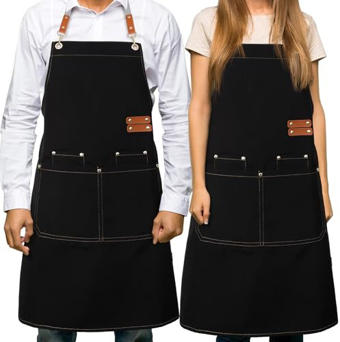 ViEinkaufen 2 Pack Aprons Chef Apron for Men Women, Cross Back Kitchen Aprons with Adjustable Strap and 3 Pockets, Apron for Servers Kitchen Cooking Baking Artist Painting, Cross Back