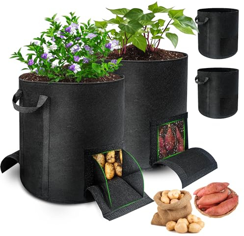 4 Pcs 15 Gallon Potato Grow Bags with Harvest & Visible Windows, Thickened Nonwoven Fabric Potato Planter,Potato Growing Containers with Sturdy Handles, Potato Bags for Growing Potatoes Vegetables