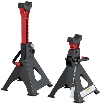 Relaxdays Cavalletti Auto 3t, 29-42 cm, Coppia da 2 Crick Alza Automobile, Camper, Cric Sollevatore Officina, Nero Rosso