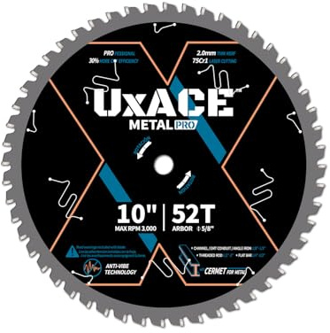 UXACE 10-Inch 52-Tooth Circular Saw Blade, 5/8-Inch Arbor, Ferrous Metal, Steel Cutting Blade, Carbide Tip, Thin Kerf, for Channel, EMT Conduit, Angle Iron, Threaded Rod, Flat Bar