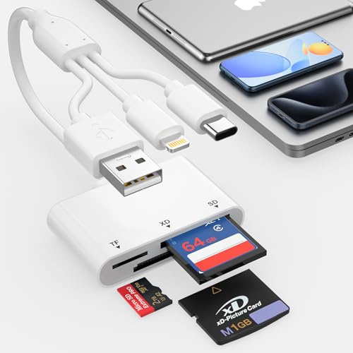 Lector de Tarjetas XD, Lector Adaptador de Tarjetas SD MicroSD XD 3 en 1 con USB-C, Lightning y USB A Compatible con iPhone 16/15/14/13/12/11, iPad, MacBook, cámaras y PC
