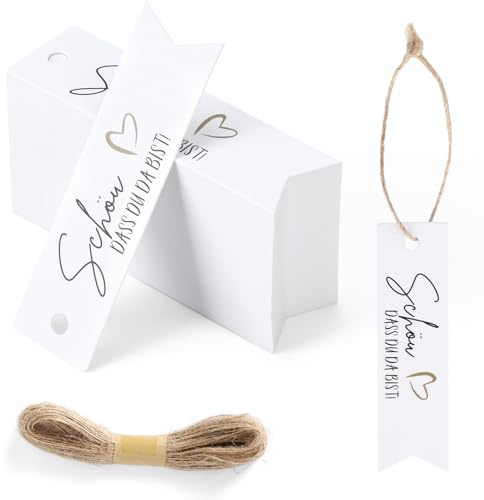100 Stück Geschenkanhänger SCHÖN DASS DU DA BIST Kraftpapier Anhänger Hochzeit, 7 * 2CM Etiketten Tags mit Jute-Schnur Weiß und Schwarz Papier Etiketten Anhänger für Hochzeit,Geburtstag