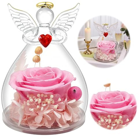 Sifxouped Ewige Rose Engel Geschenke für Mama, mit Geburtstagsgeschenk für Frauen, Ewige Rose im Glas Engel Figur Geschenke für Frauen, Oma Geschenk,Schutzengel Weihnachten Muttertagsgeschenk (Rosa)