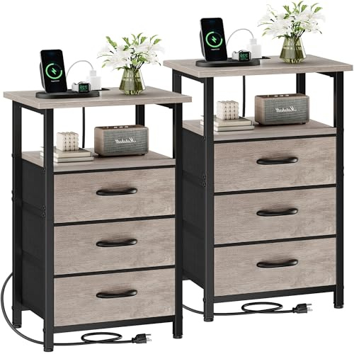Vagusicc Nightstand Set of 2 with Charging Station, Bedside Table with USB Ports and Outlet, End Table Side Table with 3 Fabric Drawer and Storage Shelf, Bed Side Table Night Stand for Bedroom, Greige