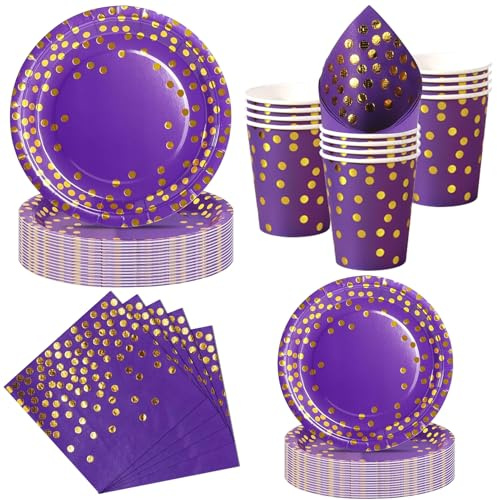 Nkaiso 50 Pcs Violet Or Assiette Jetable Anniversaire -10 invités | 10 Assiettes Plates, 10 Assiettes Dessert, 10 Gobelets, 20 Serviettes - Pour Anniversaire, Mariage, Decoration Party