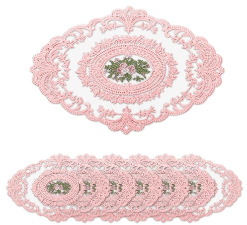 Komforbaa Set Copripiatti Ovali 6 Pezzi, Copripiatto a Pizzo con Ricamo di Fiori, Resistente al Calore per Decorazione Romantica di Tavolo Cucina, Lavabile Antiscivolo Rosa