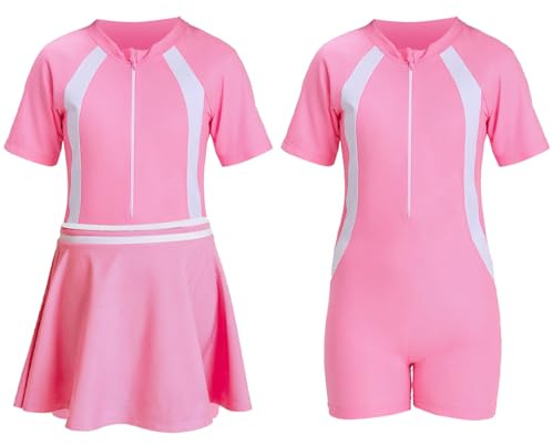 Girls Swimming Costume, One-Piece Kids Swimsuit, Swimming Costume with Skirt, Short Sleeve Swim Suit for Girl, Children's Quick Dry Swimwear Beach Bathing Summer Surfing Water Sport Suits (Pink(3XL))
