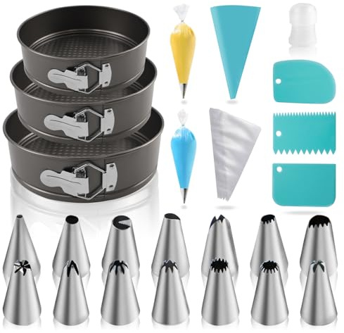 122PCS Springform Cake Tin, Non Stick Cake Pan 18/20/22CM Springform Cheesecake Tins for Baking, Oven Trays Set with Piping Bags, Nozzles, Scrapers