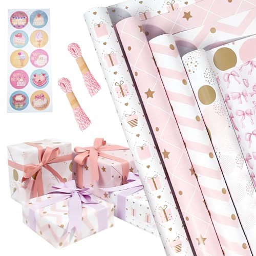 MFUSUL 5 Rotoli Carta Regalo, 43 cm x 300 cm Carta da Regalo con Nastri, Carte Regalo Rotolo per Compleanni, Matrimoni, Feste e Regali (Rosa)