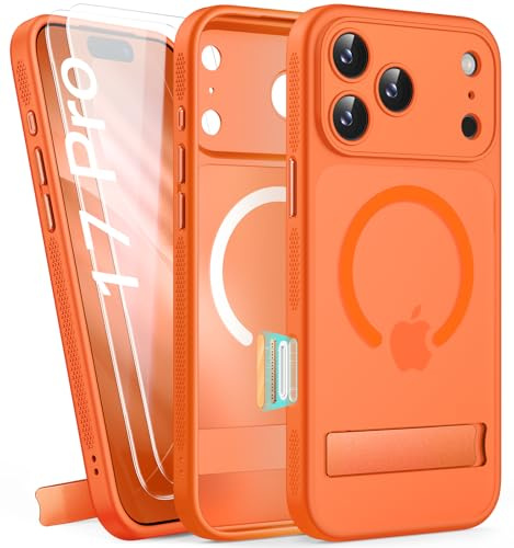 SIXBOX für iPhone 17 Pro Hülle mit Schutzfolie & Ständer, Orange | [2X Displayschutzfolie], Kompatibel mit MagSafe, Militär Schutzhülle, Stoßfeste Hülle, Silikon Cover für iPhone 17 Pro