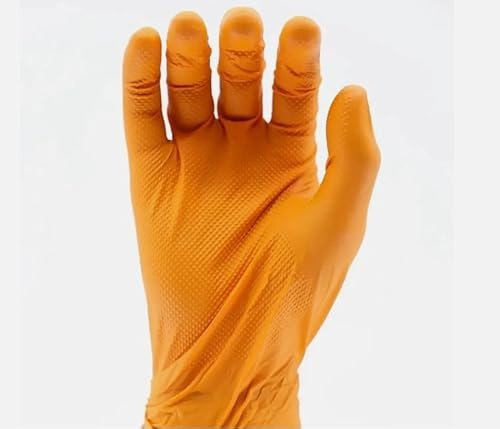 WORKWEAR NORTH Orange Gloves Nitrile Disposable Diamond Grip Gloves,Strong Heavy Duty | Powder & Latex Free | Car Mechanics