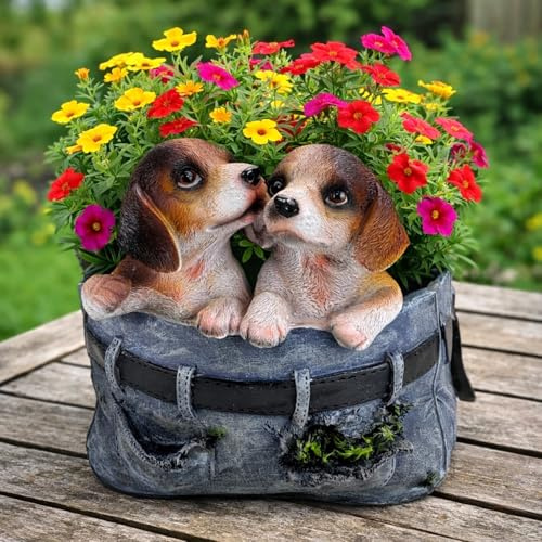 Online Fuchs Gartenfiguren für draußen niedliche Hunde, Beagle mit Blumentopf - Deko Figuren für Garten, Terrasse und Balkon – 23 cm groß – wetterfest