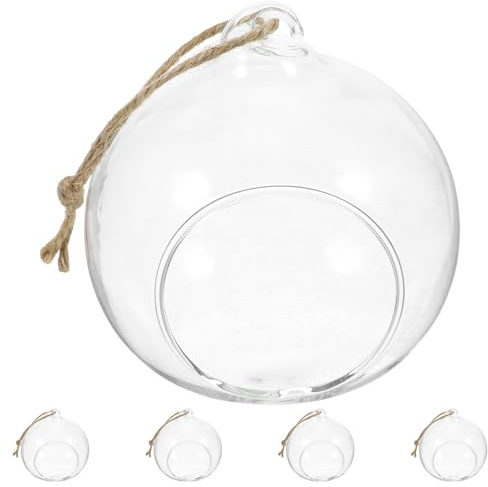 Happyyami Portacandele in Vetro Sospeso a Sfera 8cm Doppia Presa D'aria, Set da 5 Pezzi Corda 1,2m, Terrario di Vetro Decorativo per Candele Tealight e Vaso di Fiori Appeso per Eventi