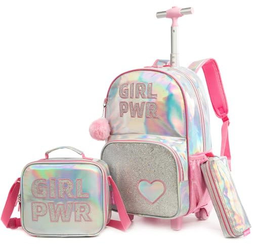 Egchescebo Kinder Rucksack mit Rollen für Mädchen die Schule Ledermaterial Koffer Schultrolley Komplett mit Lunchbag und Federmäppchen-Set Geeignet Grundschüler Jugendliche 5-12 Jahre Alt Rosa
