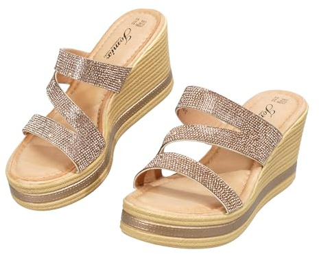 JOMIX Sandales Femme Compensées à Paillettes Claquettes à Strass Chaussures D'été à Talon épais Confortables