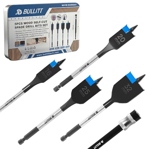 5PCS Ø16-32mm Spade Drill Bit Set with One 152mm Extension for Woodworking | Flat Wood Drill Bit with Self-feeding Threaded Tip,1/4 Quick Change Hex Shank,65# High Carbon Steel Bits