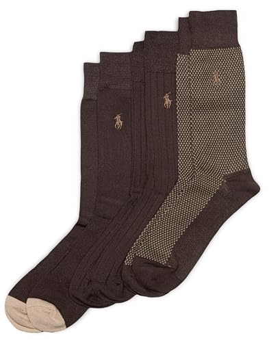 POLO RALPH LAUREN Mens Birdseye Dress Crew Socks - 3 Pair Pack Signature Embroidered Pony & Heel-toe Reinforcement Supersoft Birds Eye, Brown, 6-12.5 US