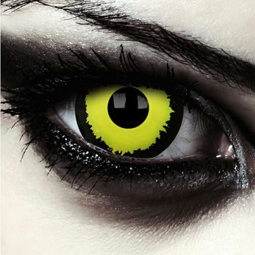 DESIGNLENSES lentilles couleur sclera jaune et noir pour halloween costume, effet grands yeux, diamètre 17mm, 1 paire (2 pcs), sans correction + étui à lentilles (Black Hole)
