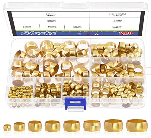 Glarks 220pcs Kit di Montaggio a Compressione in Ottone - 8 Misure Manicotti e Puntali (4/6/8/10/12/13/14/16 mm)