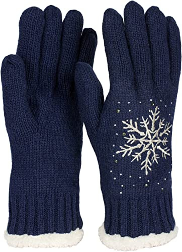 styleBREAKER Damen Strickhandschuhe Schneeflocke | Wärmendes Fleece-Innenfutter gegen Kälte, glitzernde Strasssteine, weiches Bündchen, sehr elastisch für 16-21 cm Handumfang.