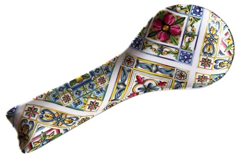 Soporte para cucharón de cerámica, porta cuchera, accesorio de cocina, utensilios de cocina multiusos, con impresión mayólica tierra/sol, 26 cm (blanco/mayólica)