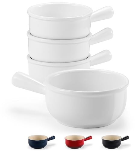 Kook Suppenschüsseln mit französischen Zwiebeln, Suppentöpfe mit Griffen, 425 ml, Keramikschalen, mikrowellen-, spülmaschinen- und ofenfest, Steingut, Weiß, 4 Stück