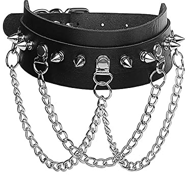 JewelryWe Schmuck Gotik Punk Lederhalsband Choker Spike Nieten O-Ring Kragen Halsketten Echt Leder Ketten Schwarz