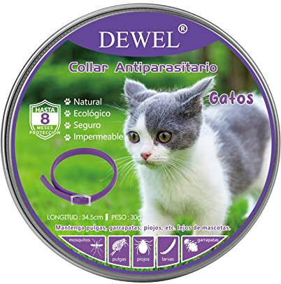DEWEL Collar Antipulgas Gatos, de Protección Efectiva de 8 Meses, Collar contra Pulgas Garrapatas y Mosquitos, Natural y Seguro para Gatos y Perros Pequeños, 34.5 cm Morado 1 Unidad