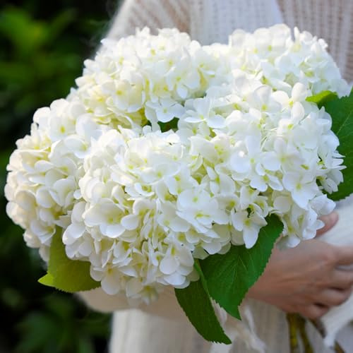IPLNTS Lot de 5 fleurs d'hortensia artificielles réalistes en soie pour bouquets, maison, extérieur, fête de mariage, centre de table, décoration (jaune clair-blanc)