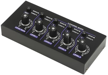 Loobiiny Mixer a 4 canali Mini audio mixer a basso rumore supporto mono mixer audio stereo per microfoni/chitarre/bassi/tastiere/mixer/strumenti