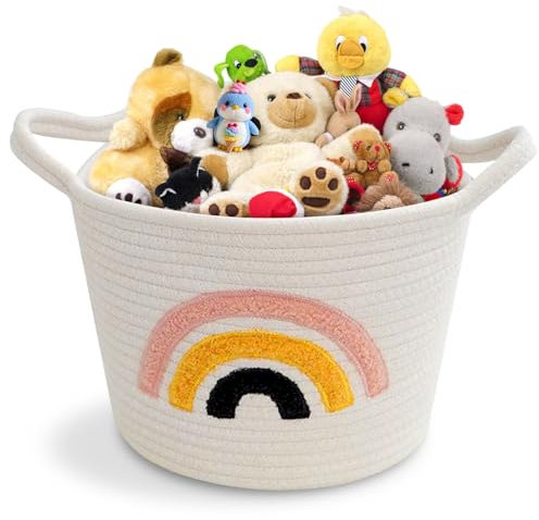 Regenbogen Aufbewahrungskorb, Korb Geflochten mit Griffen, Stapelbare Wäschekorb Rund Baumwollkorb Korb Aufbewahrung Kinder für Organisieren von Kleidung, Badezimmer, Spielzeug (20×20cm)