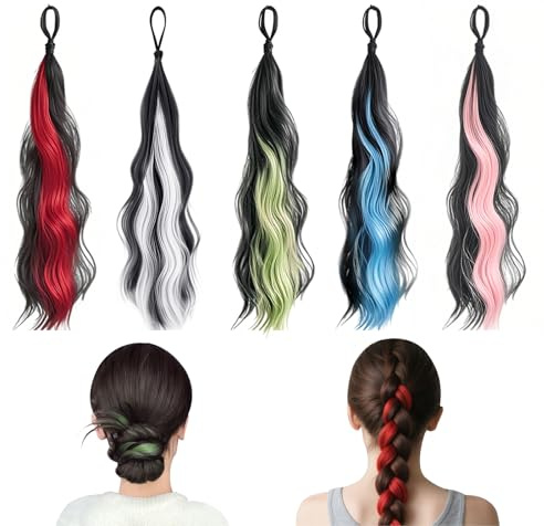 Joytey Hair Extensions 5 Colors Ponytail Extensions Wave Braided 22 IN Synthetic Hairpieces Thick Party Highlights Hair Rainbow Hair Accessories for Girls Women