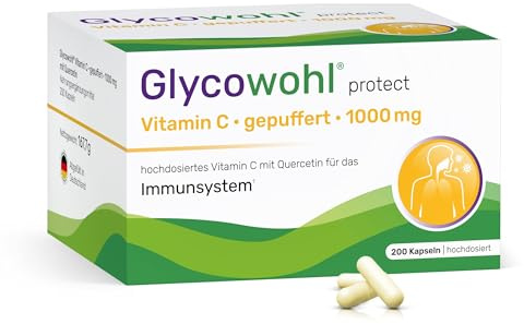 Glycowohl Vitamin C gepuffert 1000 mg mit Quercetin – 200 Kapseln | Säurearm gepuffertes Vitamin C · Besonders magenfreundlich · Bioflavonoid Quercetin · 100 Tage Vorrat